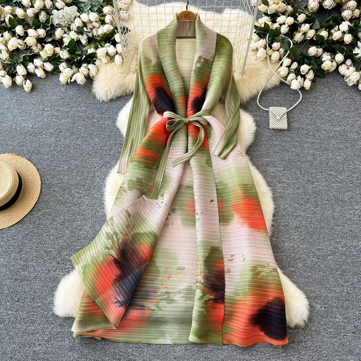 

Miyake Long Pleated Trench Coat Dress for Women Colorblock Printing Loose Oversize Open Stitch Female Fashion Clothing Spring