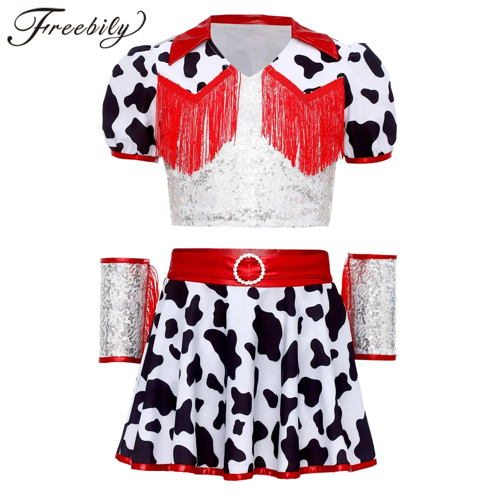 Children Western Cowgirl Hippie Costume Outfits for Girls Rodeo Sequins Cow Printed Fringed Party Performance Cowboy Costume