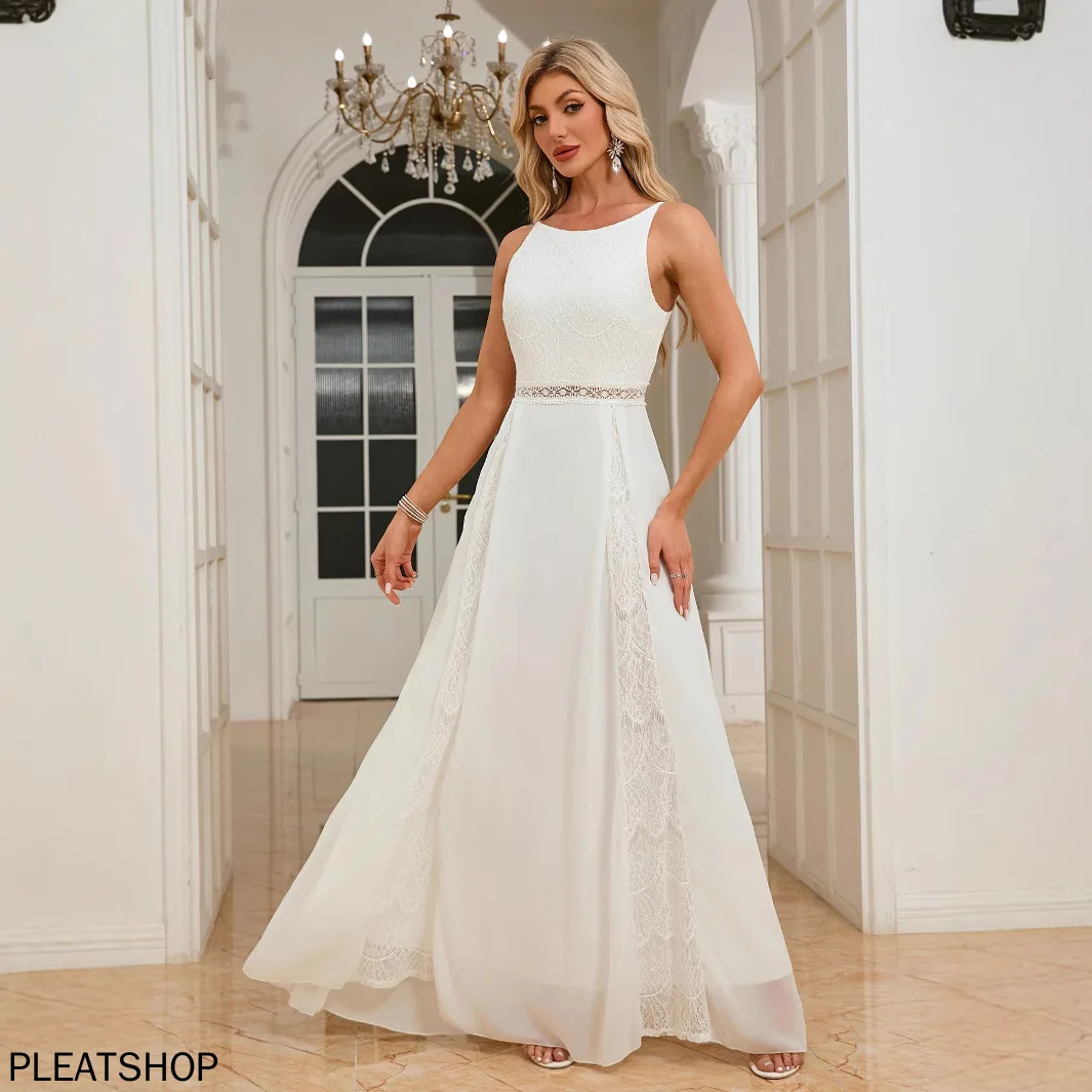 

2025 New European and American Women's Round Neck Sleeveless Slim Fit Dress Evening Gown Pure Color Long Dress