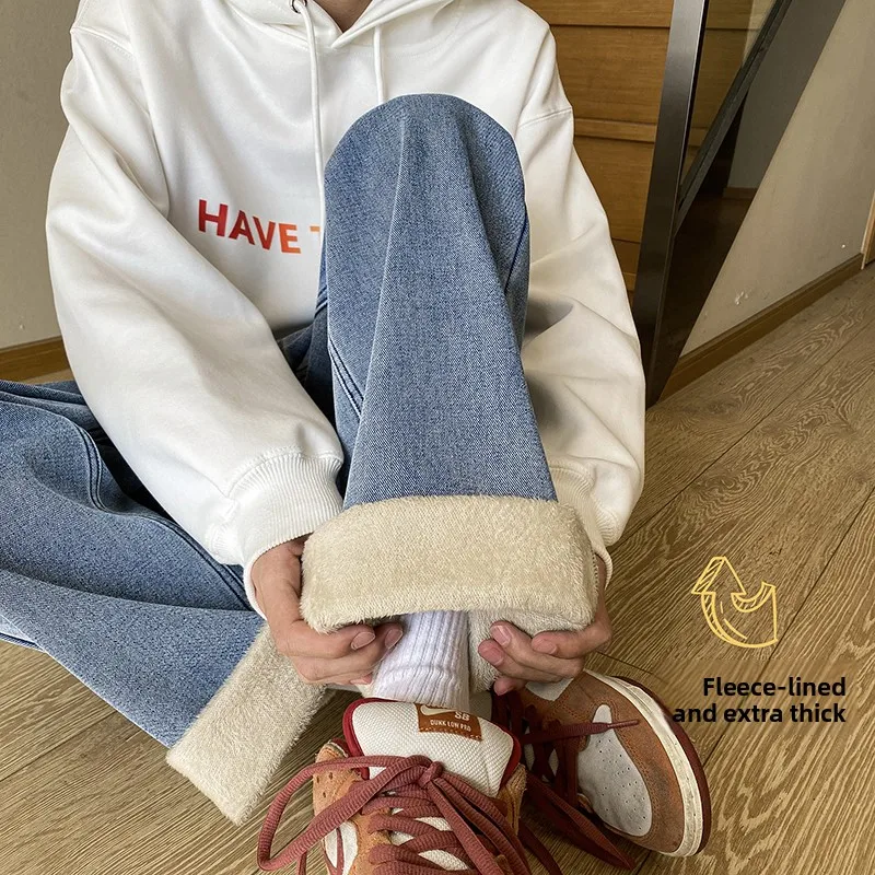 

Men's Fce Lined Wide Leg Jeans Straight Cut Loose Fit Thi Winter Warm Casual Trousers American High Street Sle Jeans