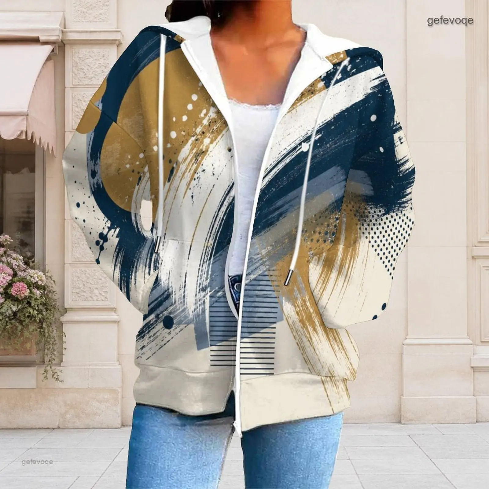 Women Abstract Brushstroke Printed Zip Up Long Sleeve Hoodie With Pockets