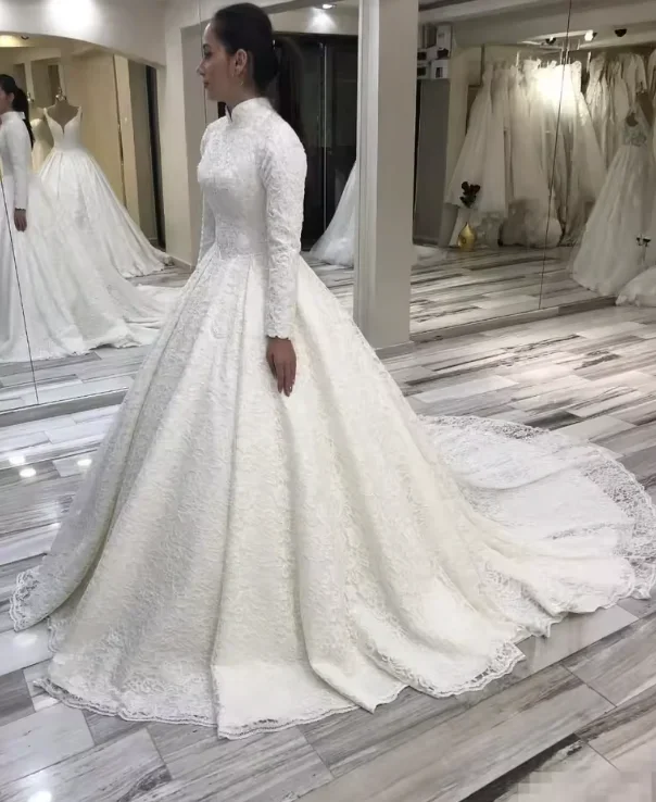 Vestido de novia musulmán con cuentas de encaje personalizado, vestido de novia Vintage de manga larga con cuello alto, Vestidos de novia 2025, Vestidos de boda