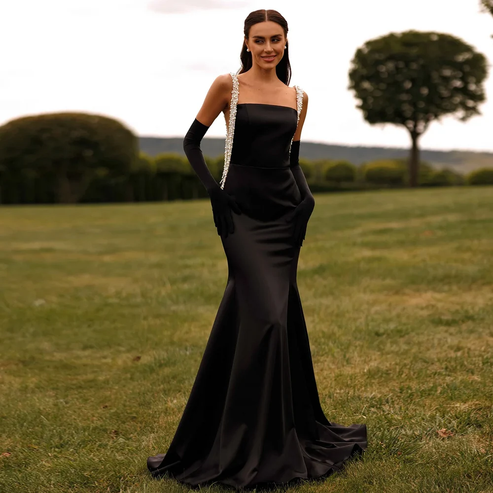 Luxury Prom Dresses for Ladies Satin Mermaid/Trumpet Graduation Dress Black Square Neck Pearl Gloves Included Evening Gown Long