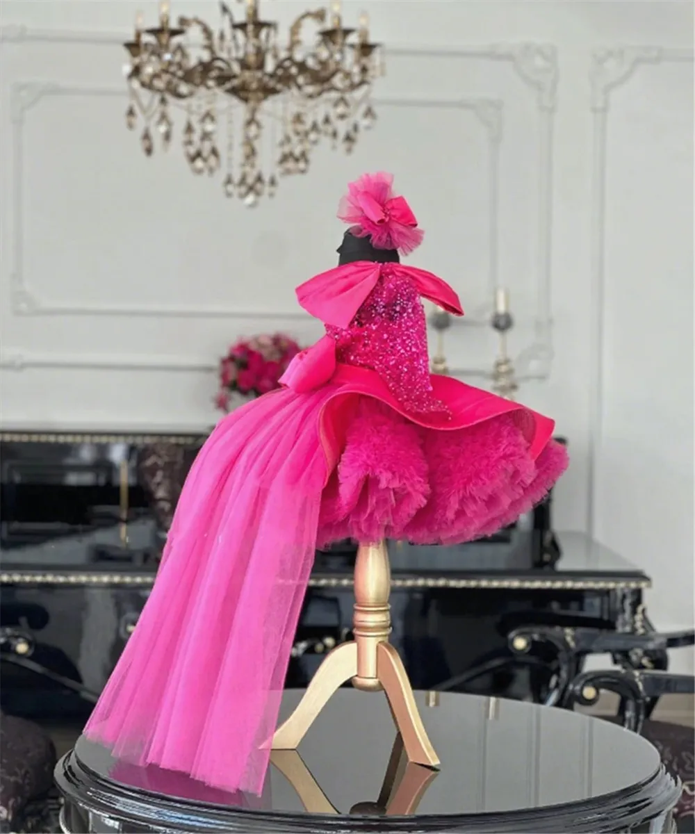 

Cute Hot Pink Flower Girl Dress For Wedding One Shoulder Sequins Bow Puffy Ball Gown Princess Birthday Party Dress Customized
