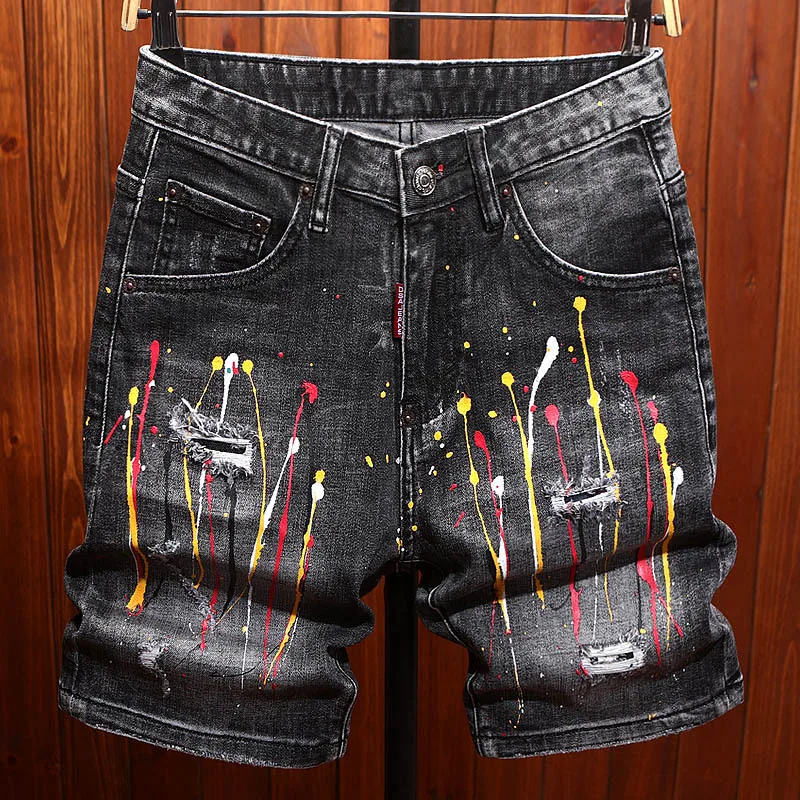 High end summer thin denim shorts for men with stretch, slim fit, straight leg, fashionable and trendy brand cropped pants