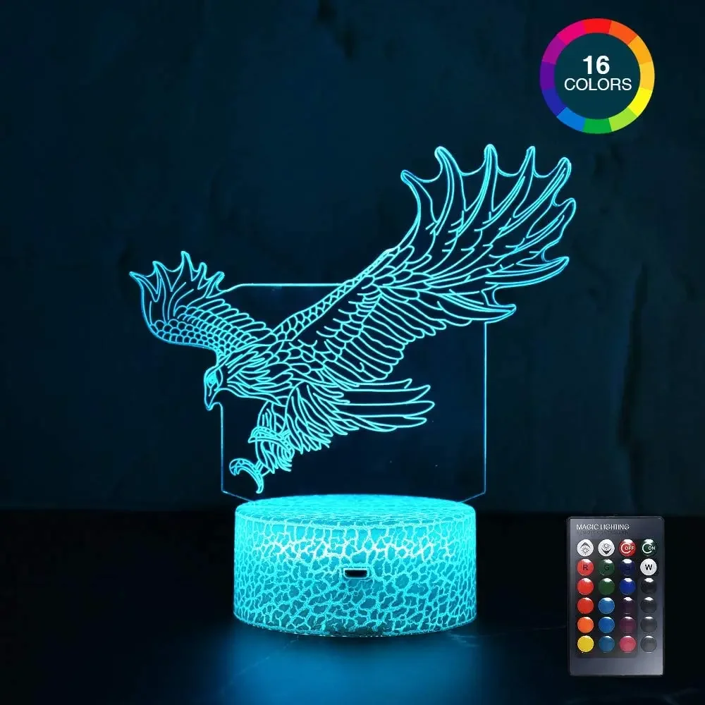 Lampka nocna LED 3D Eagle 16-kolorowa lampa stołowa z bezprzewodowym pilotem Wystrój sypialni Oświetlenie wewnętrzne Świąteczny prezent urodzinowy