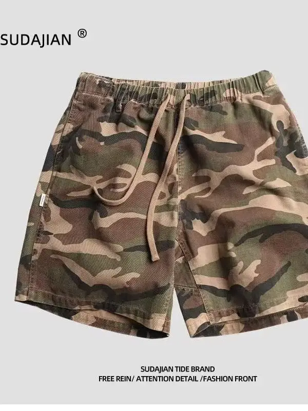 Casual Camouflage Cotton Shorts Men's Summer Loose Fit Three-quarter Length Workwear Style Mid-low Waist American Style