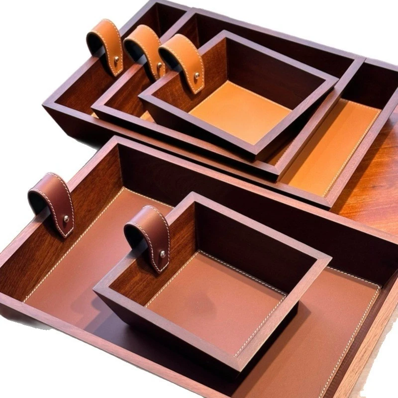 Retro veneer leather storage tray, light luxury desktop sundries sorting tray
