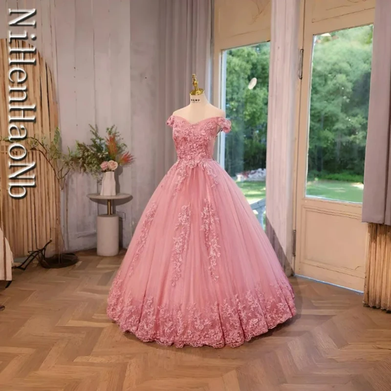 Summer New Pink Quinceanera Dresses Sweet Flower Party Dress Lace Ball Gown Luxury Classic Boho Vestidos For Girls