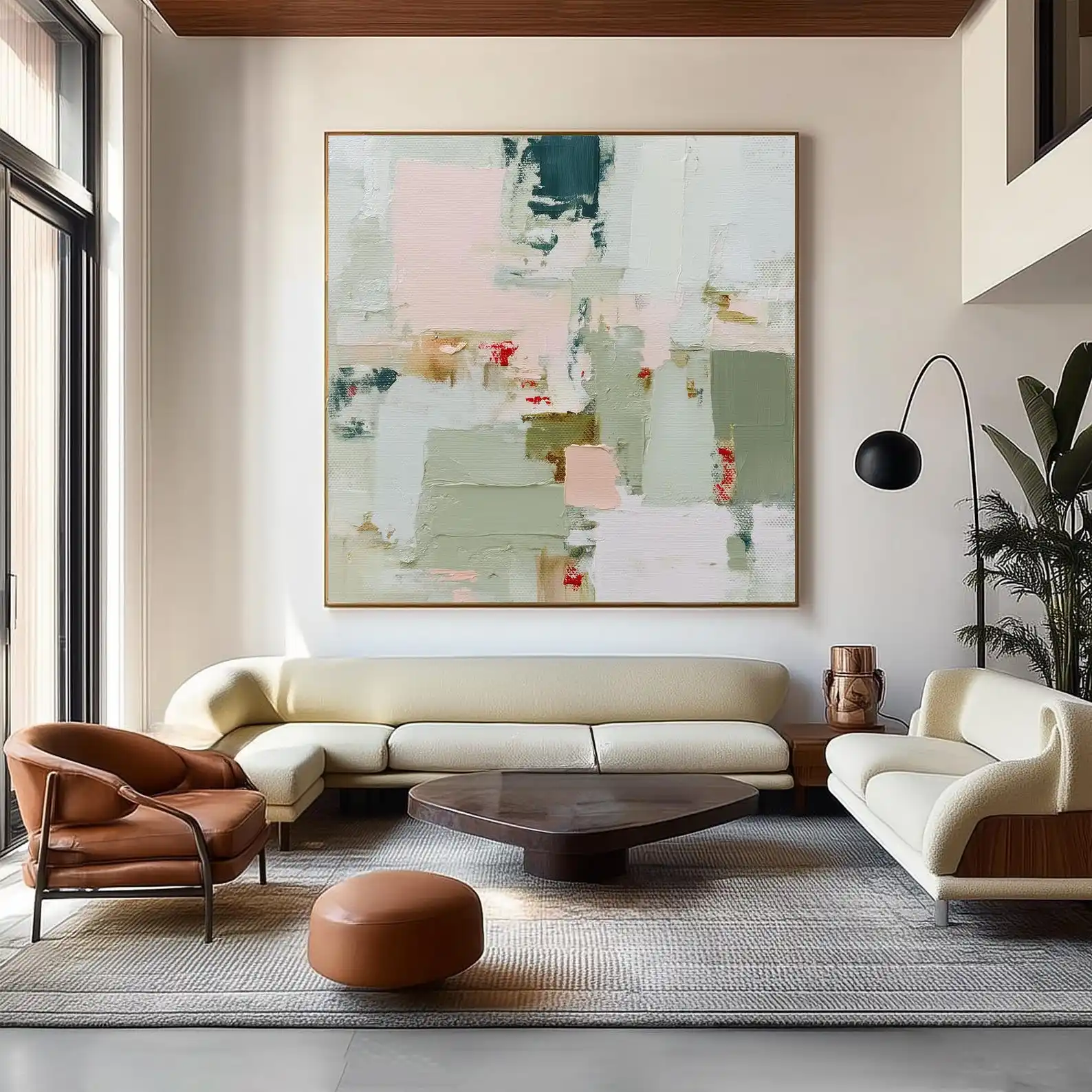 Mhemyo Handmade Textured Abstract Wall Art Sage Green And Blush Impasto Canvas Modern Minimal Color Block Painting Living Decor