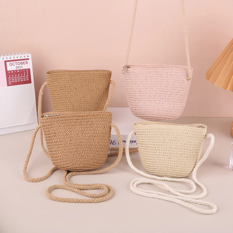 Baby Girl Fashion Casual Solid Straw Shoulder Bags Backpack Accessories Kids Children Cute Round Messenger Candy Color Small Bag