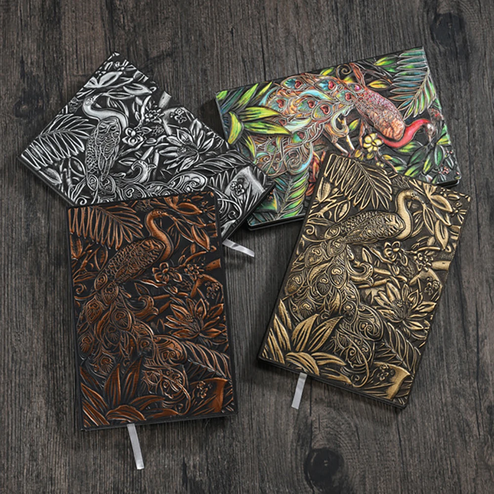 Creative Retro 3D Peacock Relief A5 Notebook Journal Embossed Writing Notebook Handmade Leather Cover Diary Gift Office Supplies