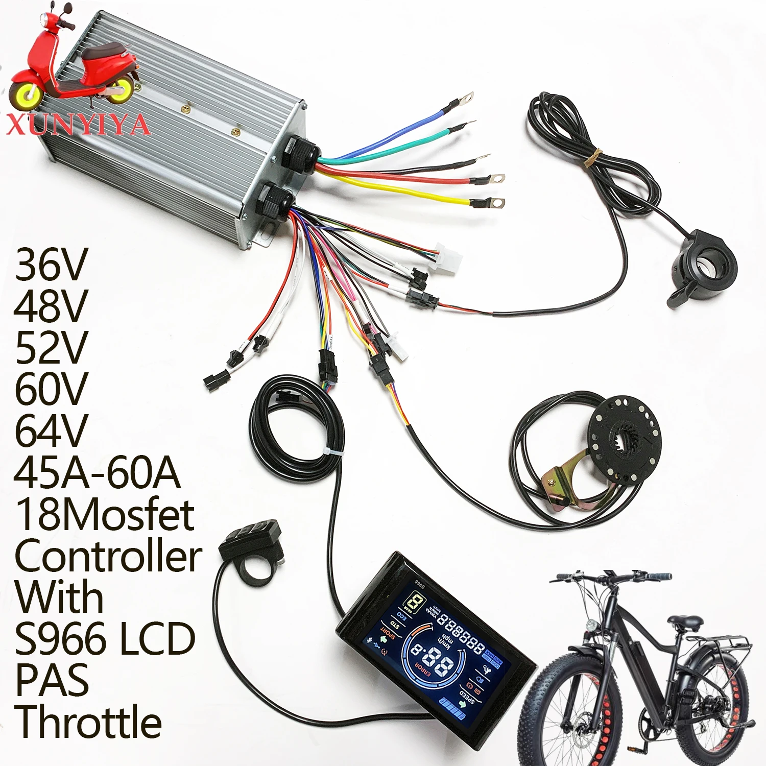 

45-60A 36V-64V 1500W-2000W Brushless Motor Controller with S966 LCD PAS Throttle for UART No. 2 E-bike motorcycle scooter repair