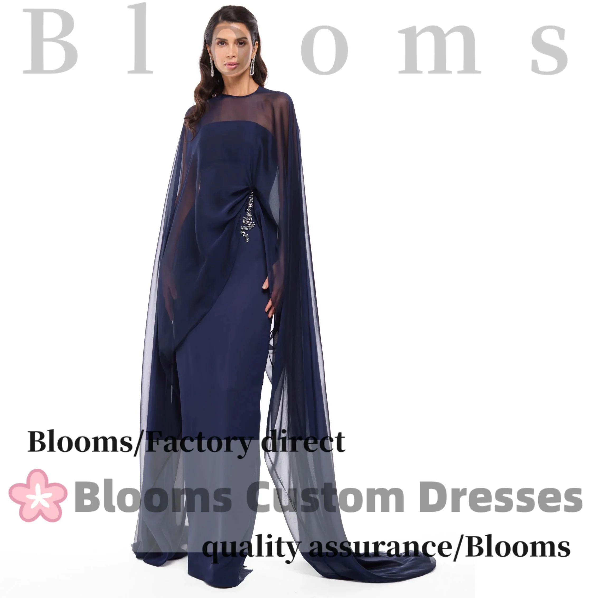 

Customized Navy Blue Chiffon Wrap Elegant Women Evening Dresses For Formal Occasion Beaded Floor-Length Prom Dress Party Gown