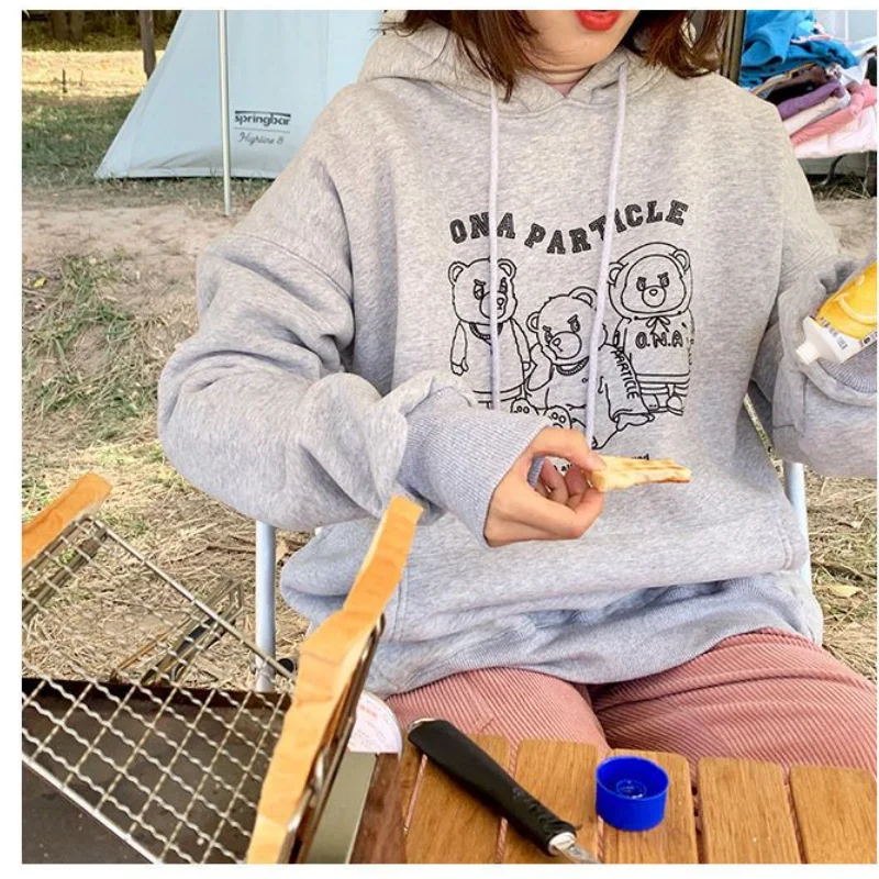 

Women's Clothing Grey Vintage Street Hoodie Cartoon Bear Printing Long Sleeves Casual High Street Oversize Baggy Ladies Tops