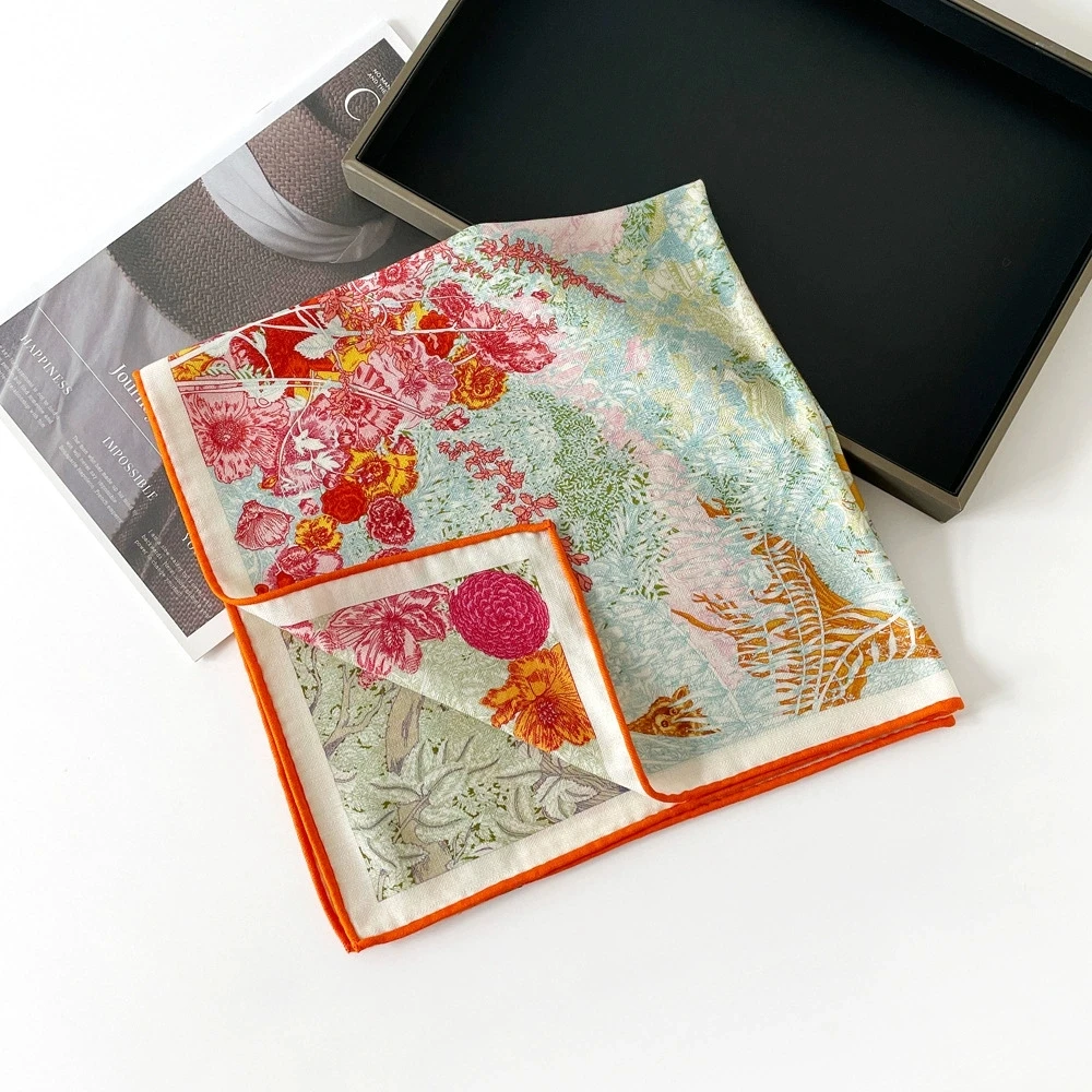 قسط إيما البرتقال وشاح حريري المرأة اليدوية وشاح حريري الرقمية مزدوجة الوجهين طباعة ألوان مختلفة H أماه مربع وشاح مخصص