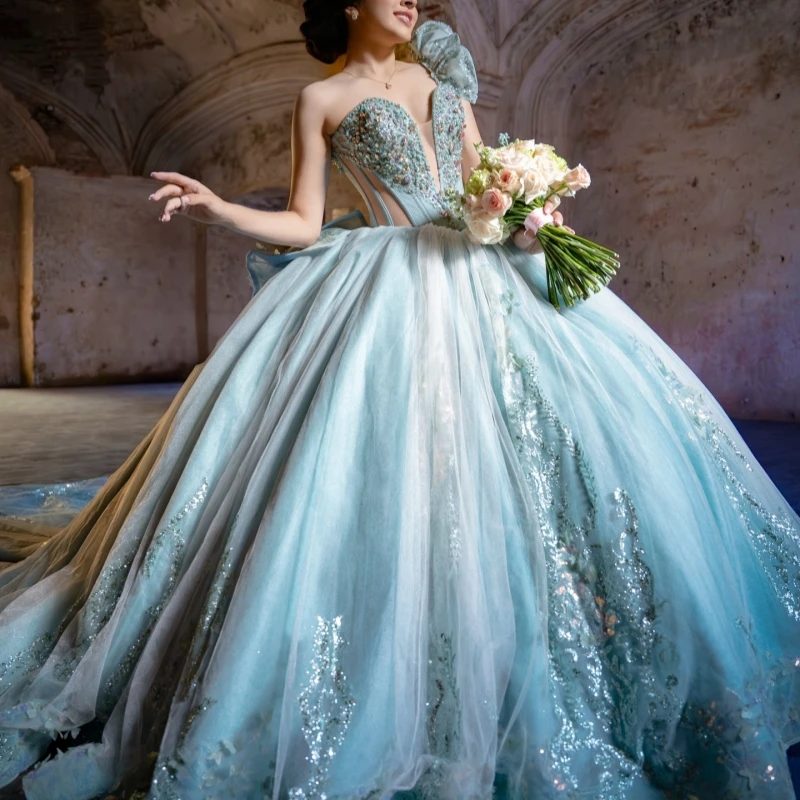 

Aqua Blue Quinceanera Dresses Off The Shoulder Sequin Applique Lace Beading Crystal Tull Party Birthday Sweet 16 Dress Vestidos