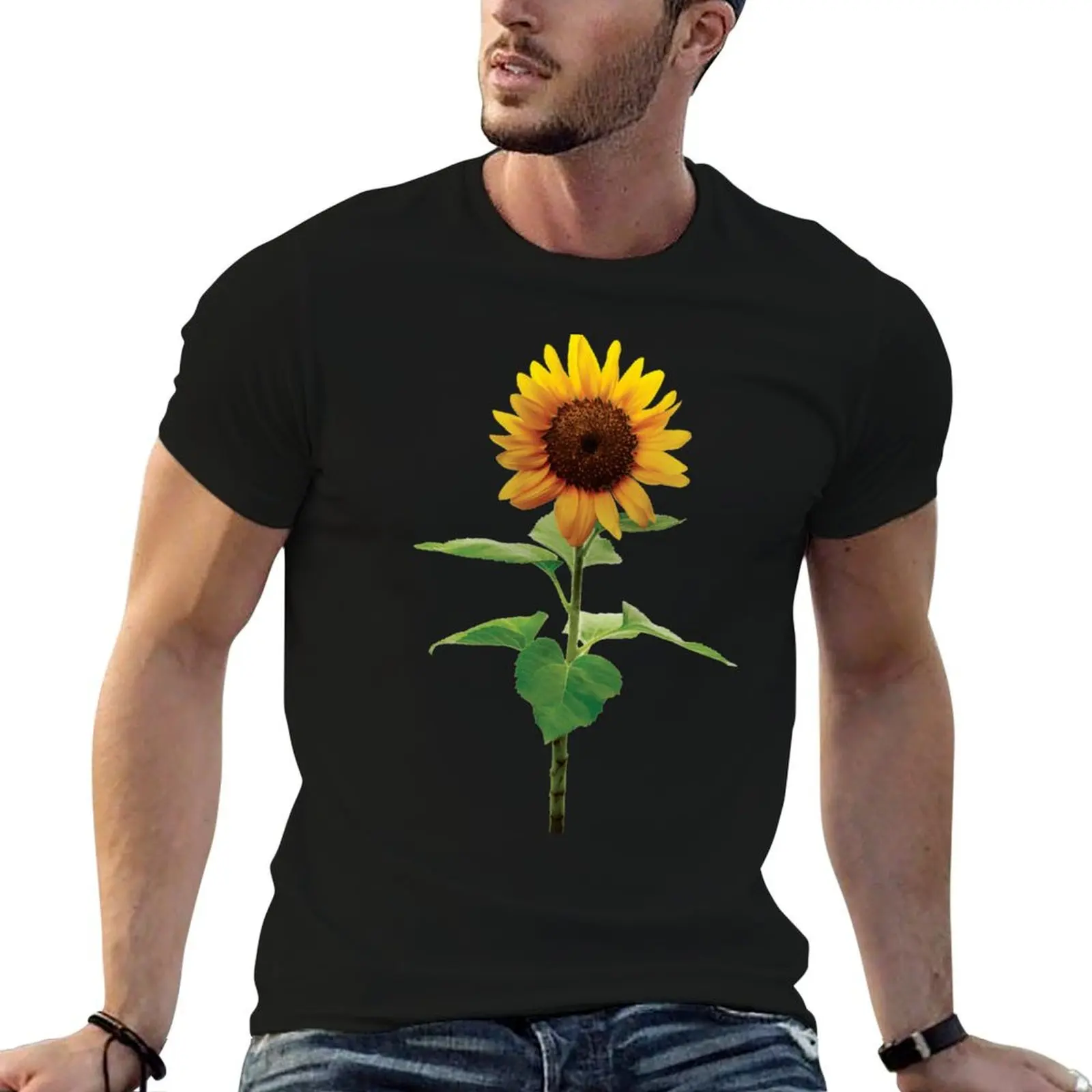 

Yellow man t Floral cotton T-Shirt Sunflower Stem shirts Flower Single Beautiful for