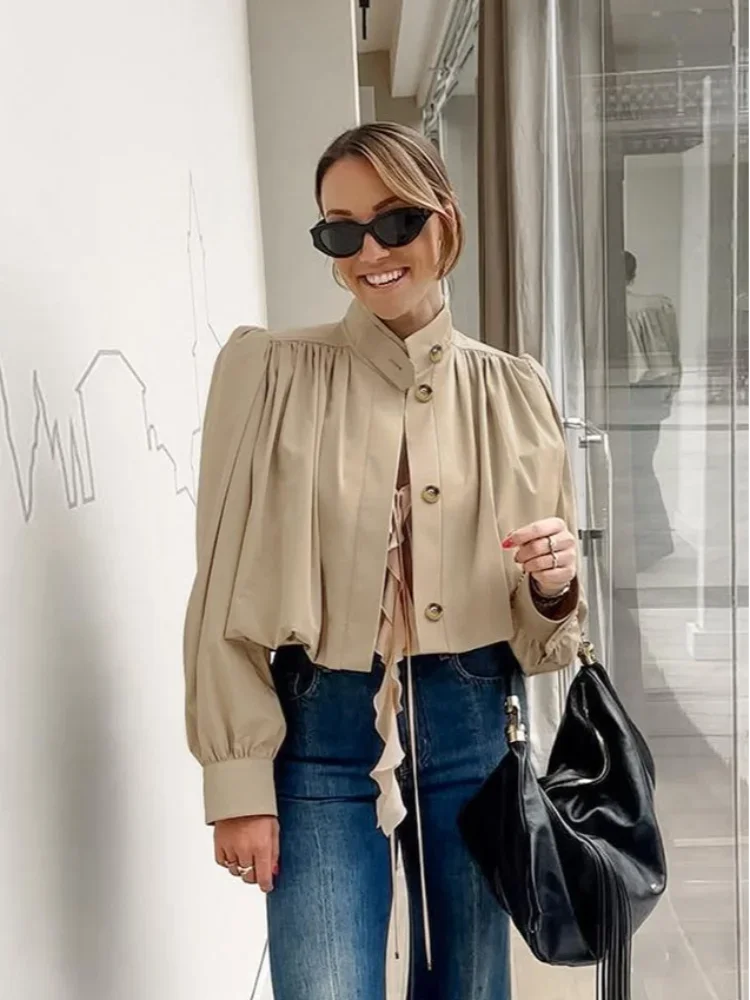 

Chic Solid Pleated Single Button Short Jackets Women's Long Lantern Sleeve Pocket Lapel Loose Coat 2025 Autumn Commute Wear New