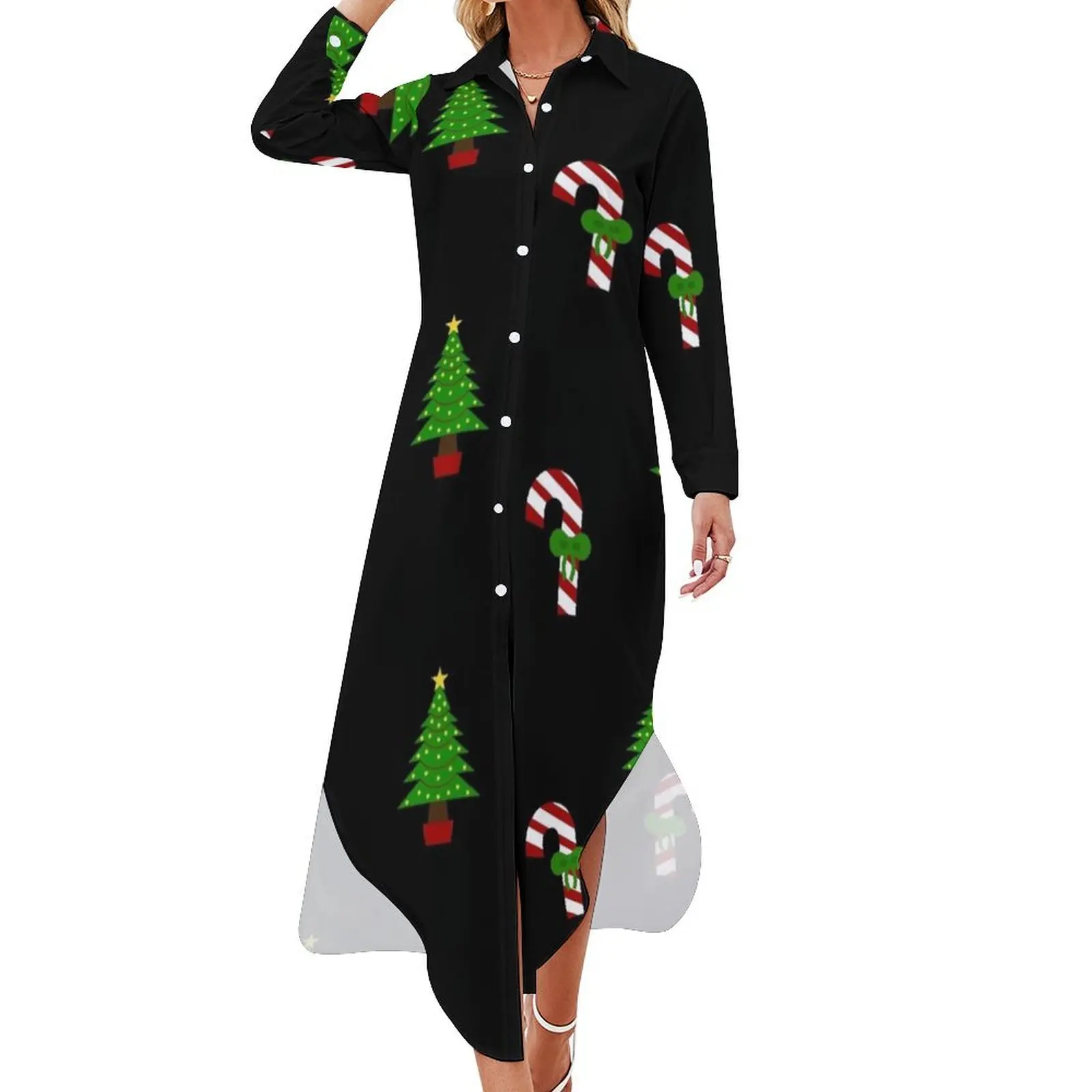 

Christmas Trees and Candy Canes Long Sleeved Shirt Dress beach dress summer dress women 2024