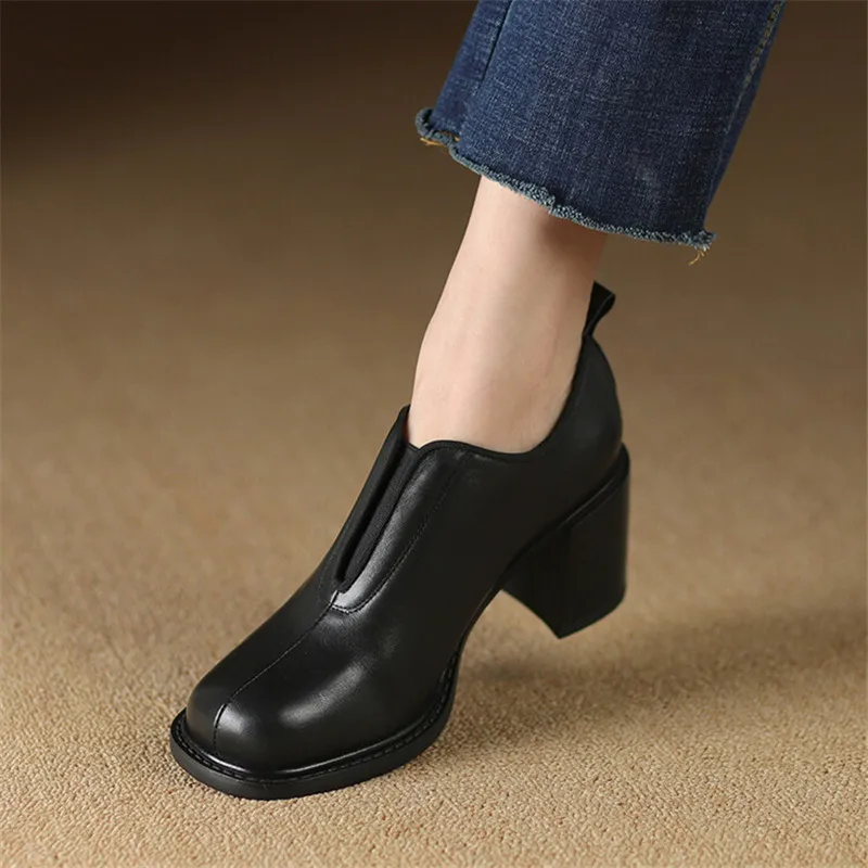 2024 New Spring Genuine Leather Women Shoes Round Toe Women Pumps Shoes for Women High Heel Loafers Chunky Heel Ladies Shoes