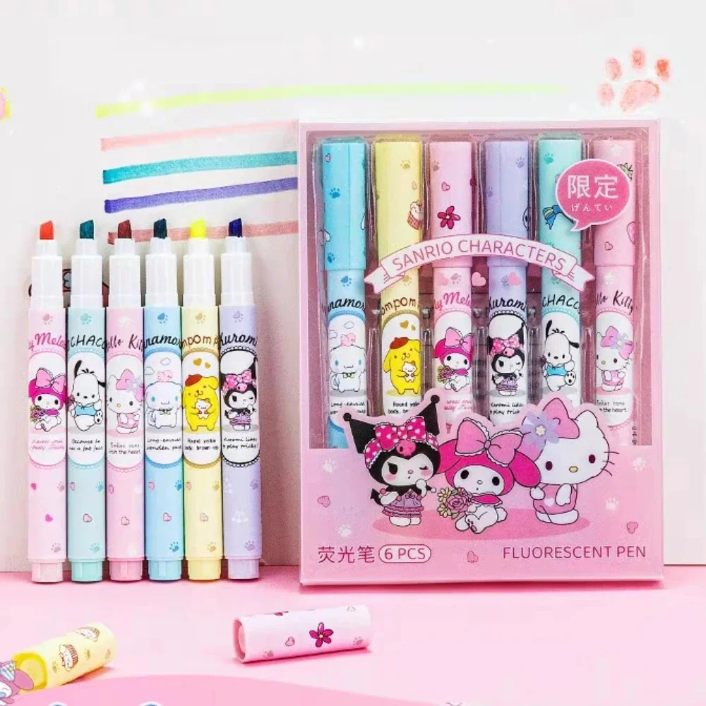 6Pcs/Set Kawaii Sanrio Marking Pen Set Cute Cartoon Hello Kitty Kuromi Melody Cinnamoroll Highlighter Pens Students Stationery