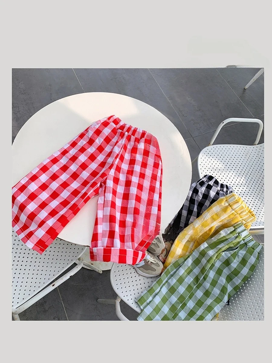 

2025 Spring Summer Girls Casual Wide Leg Plaid Ankle Length Pant Baby Kids Children Trousers