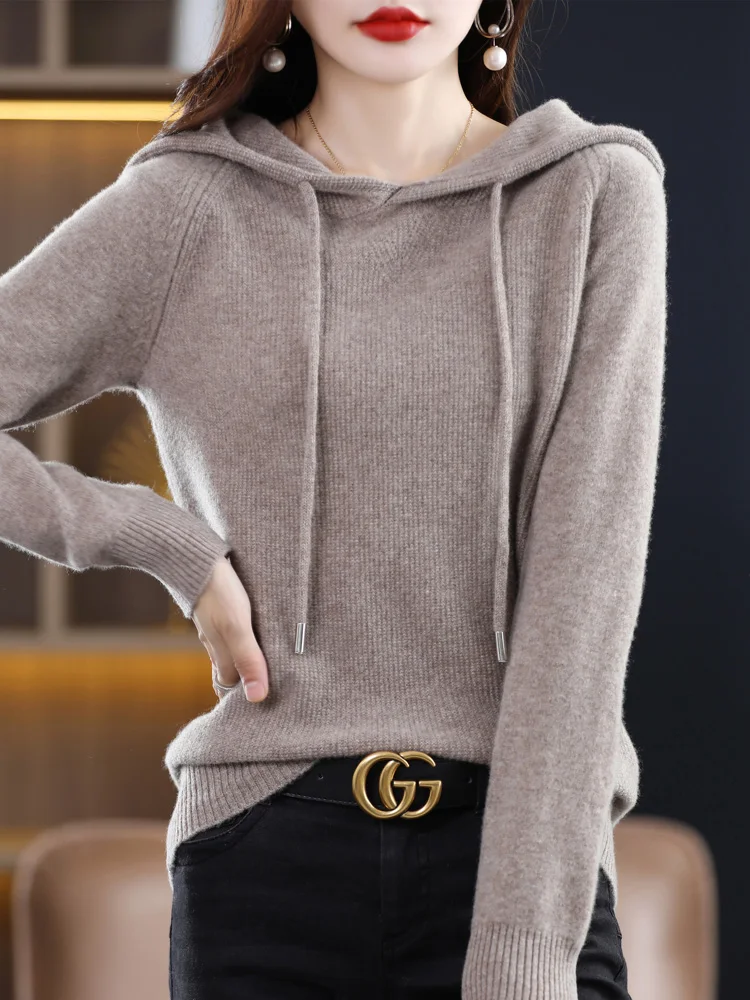 Autumn Winter Women Casual Hoodie 100% Merino Wool Pullover Sweater Raglan Sleeve Pure Colors Cashmere Knitwear Female Clothing