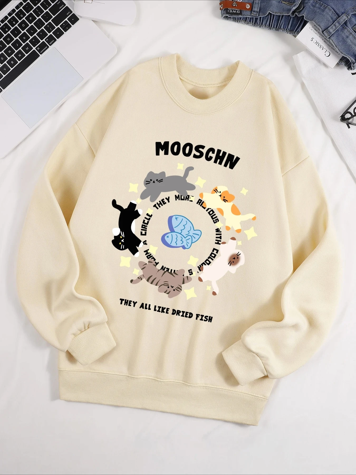 

Mooschn They All Like Dried Fish Толстовка с принтом Женский флисовый пуловер Креативная осенне-зимняя спортивная одежда Одежда с круглым вырезом