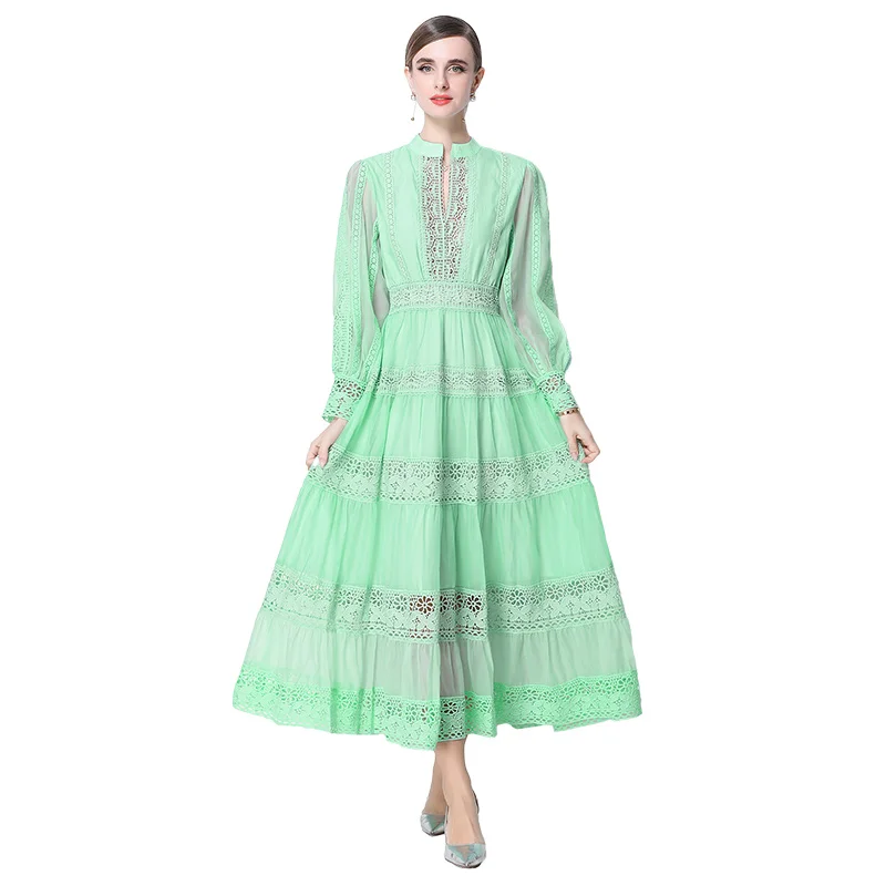 Estate autunno vacanza manica lunga lanterna ricamo verde abito da ballo donna patchwork pizzo una linea scava fuori abiti da festa