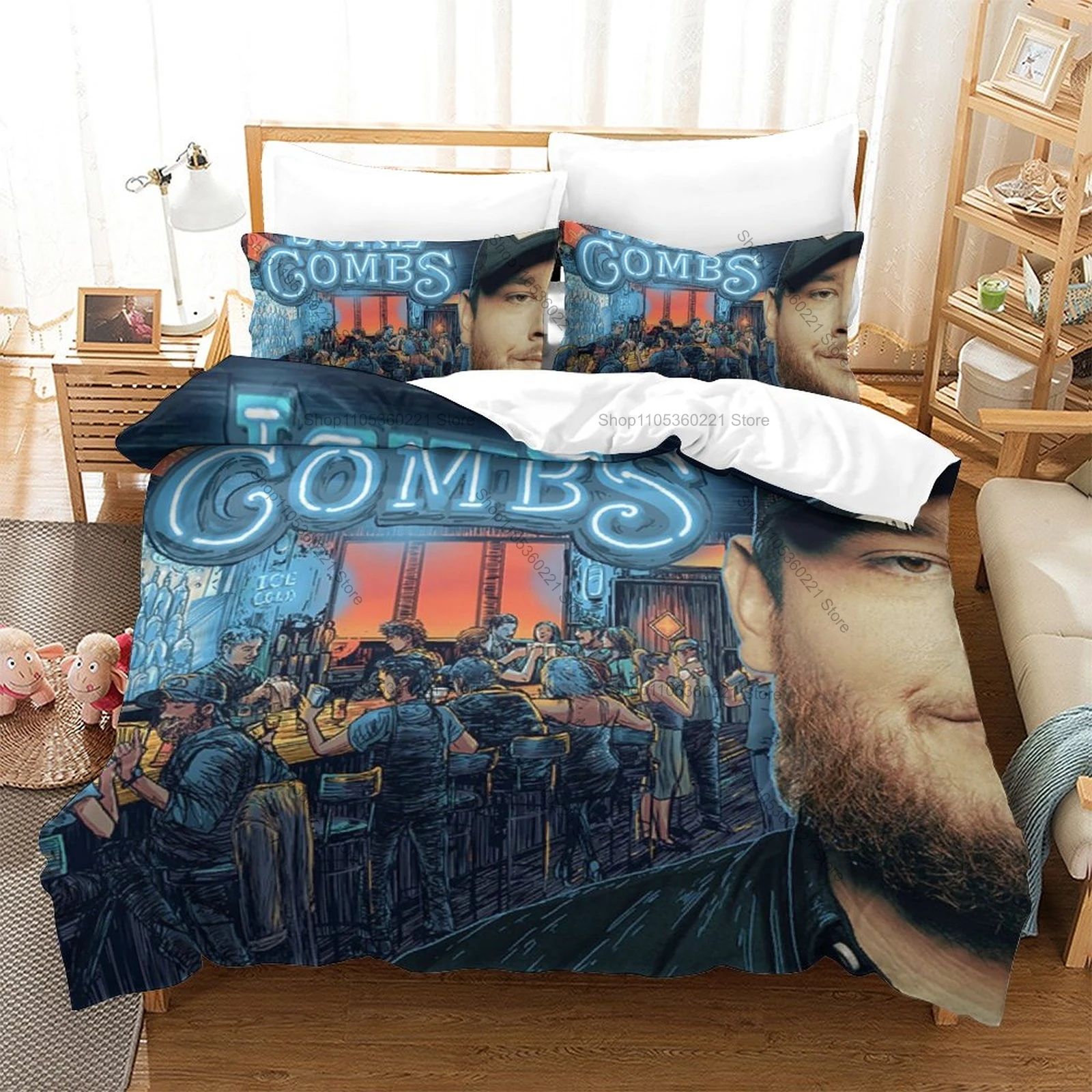 

Soft Microfiber Luke Combs Western Cowboy Themed 3PCS Bedding 1 Duvet Cover + 2 Pillowcases Envelope Covers All Season