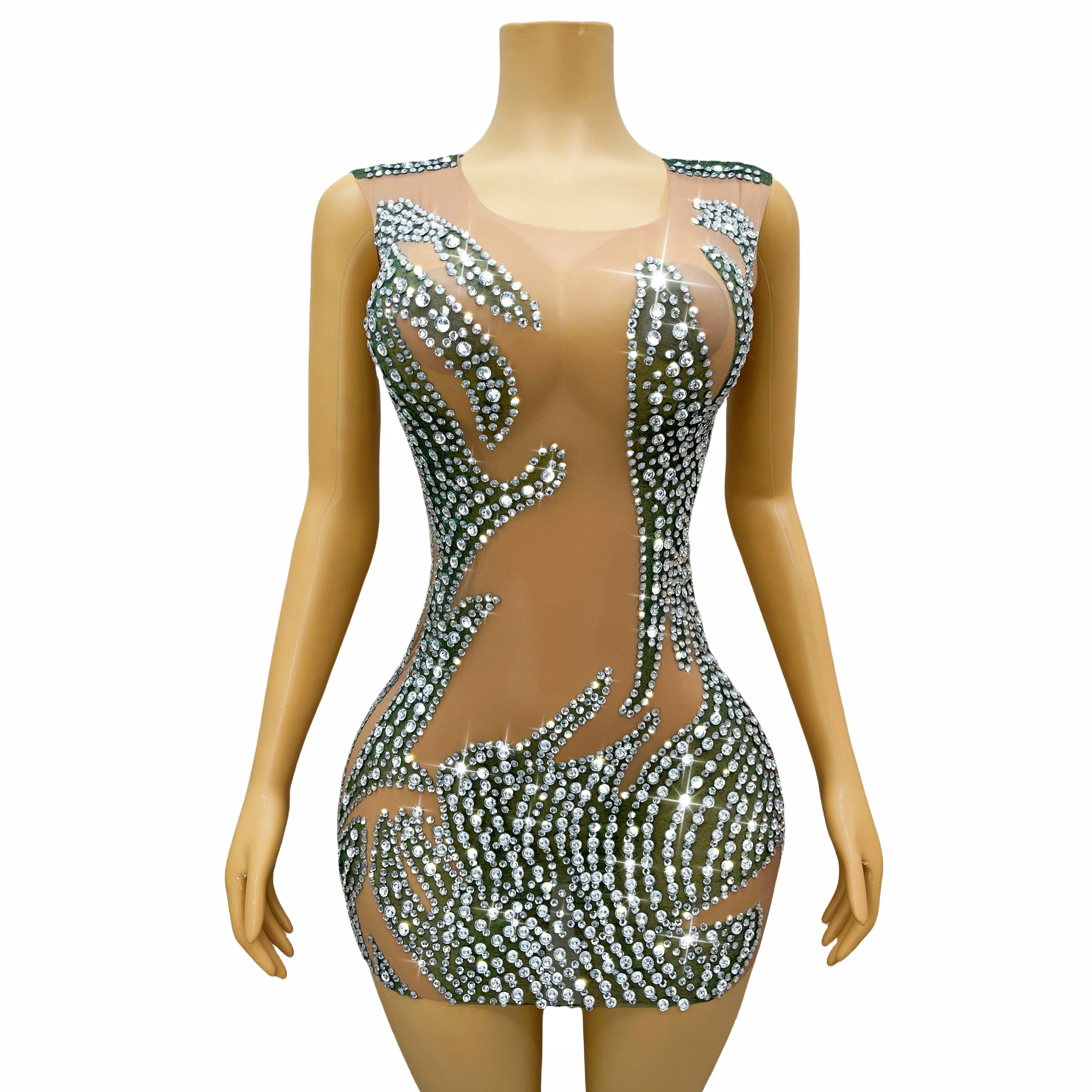 

Designed Luxury Blingbling Rhinestones Gown Sexy Nude Mesh Dress Women Evening Party Celebrate Outfit Perform Costume Lvyi