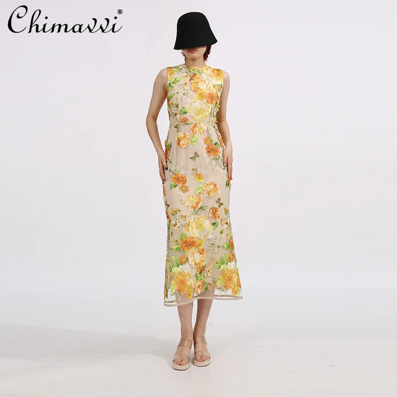 

French Temperament Elegant Socialite Round Neck Sleeveless Mesh Embroidered Floral High Waist Bodycon Evening Long Dress Women