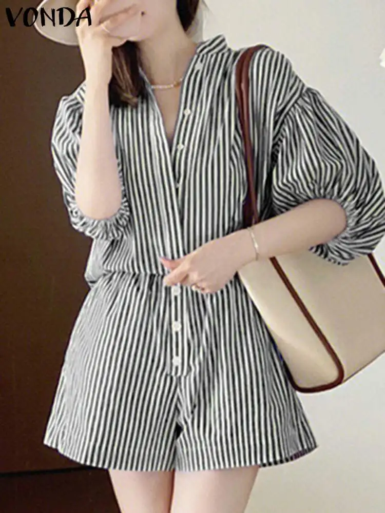 

2024 VONDA Summer Striped Short Jumpsuits Women Casual High Waist Printed Playsuits Fashion Short Puff Sleeve Overalls Rompers