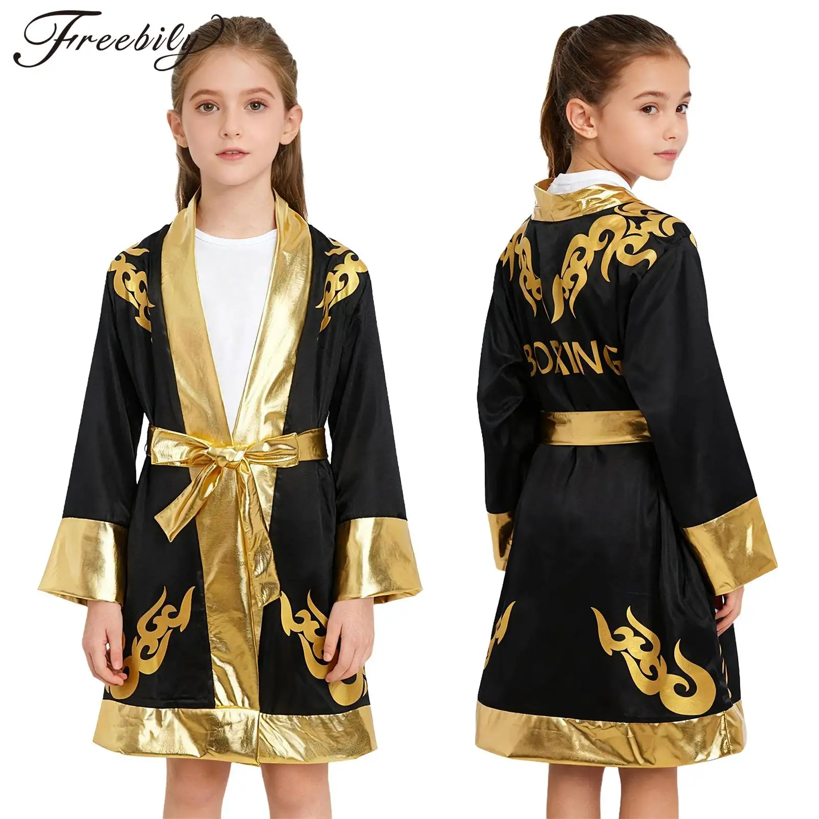 

Children Boxing Robes Boxer Cosplay Costume Long Sleeve Metallic Satin Gown with Belt for Muay Thai Kickboxing Workout Training