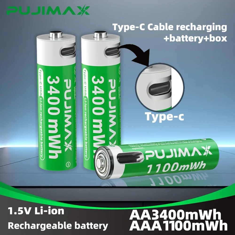 PUJIMAX 3400mwh+1100mWh Rechargeable Lithium  Batteries with Type-C Charging Power Remote ControlsType-C Data Cable for Charging