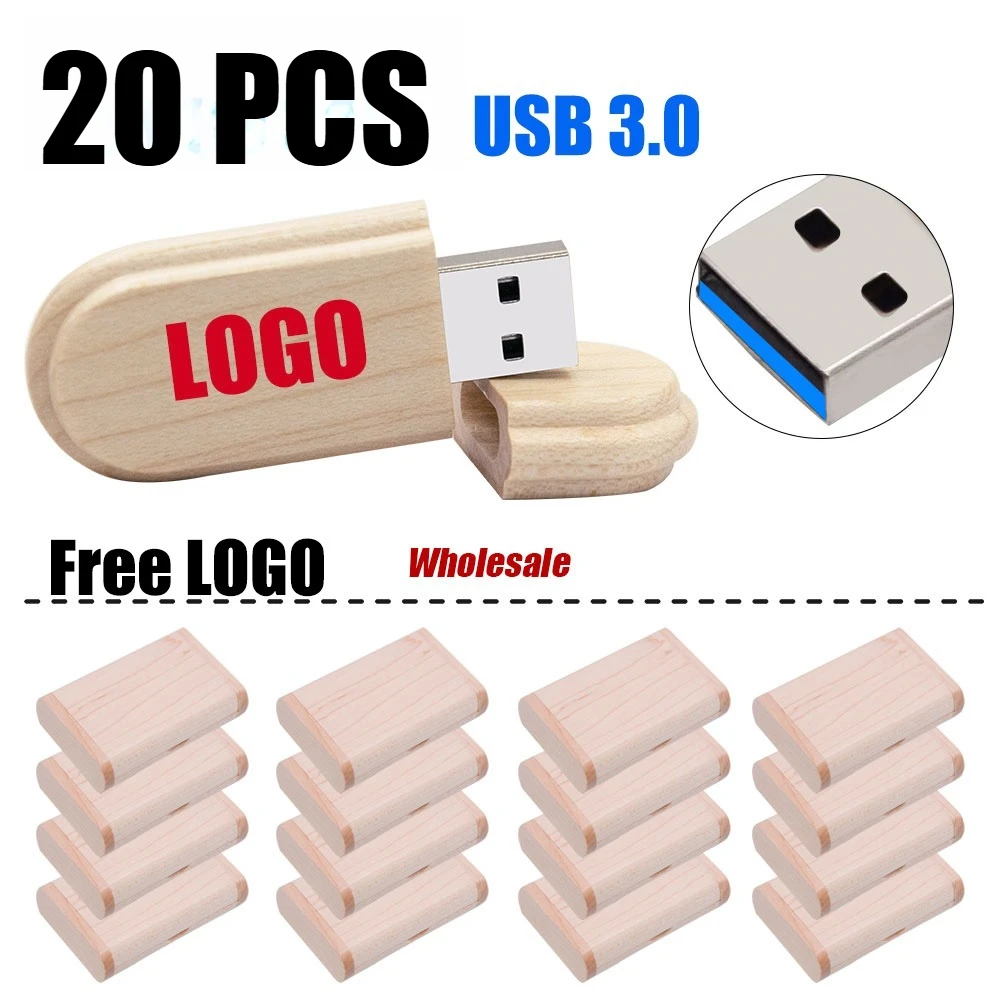 20 PCS LOT Free Custom Logo USB 3.0 Flash Drive 128GB Beautiful Wooden Box Memory Stick 64GB Creative Gift Pen Drive 32GB