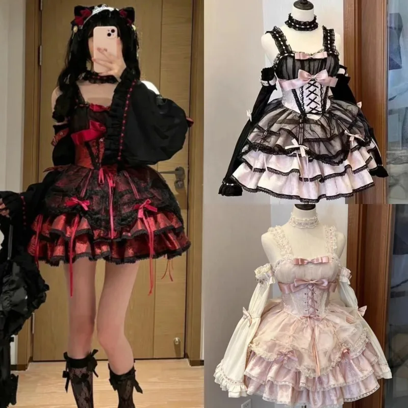 

Lolita Bow Lace Dresses Y2K JK Original JSK Butterfly Sweet Blue Pink Layered Ruffle Corset Outfit Princess Party Cosplay Girls