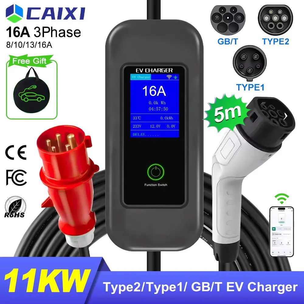 

Портативное зарядное устройство CAIXI 11 кВт, 16 А, 3 фазы, разъем Type2/GB/T, кабель для зарядки электромобилей 5 м, штекер CEE