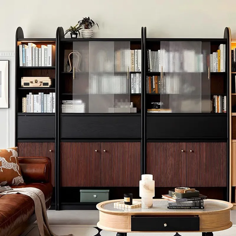 Nordic retro solid wood bookcase, living room whole wall combination bookcase, medium antique magazine cabinet, floor bookshelf