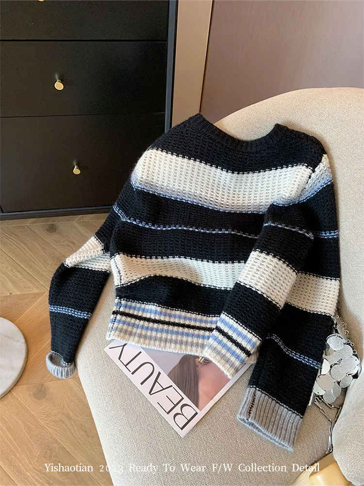 2000s Aesthetic Striped Knitted Cardigan Office Lady Korean Fashion Long Sleeve Casual Sweater Smiling Face Embroidery Jumper