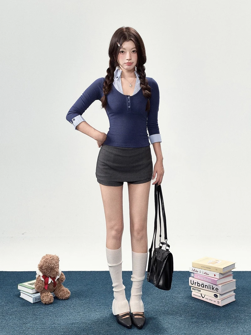 Top ajustado de manga tres cuartos con botones en la parte delantera para mujer con cuello camisero y detalle de puño