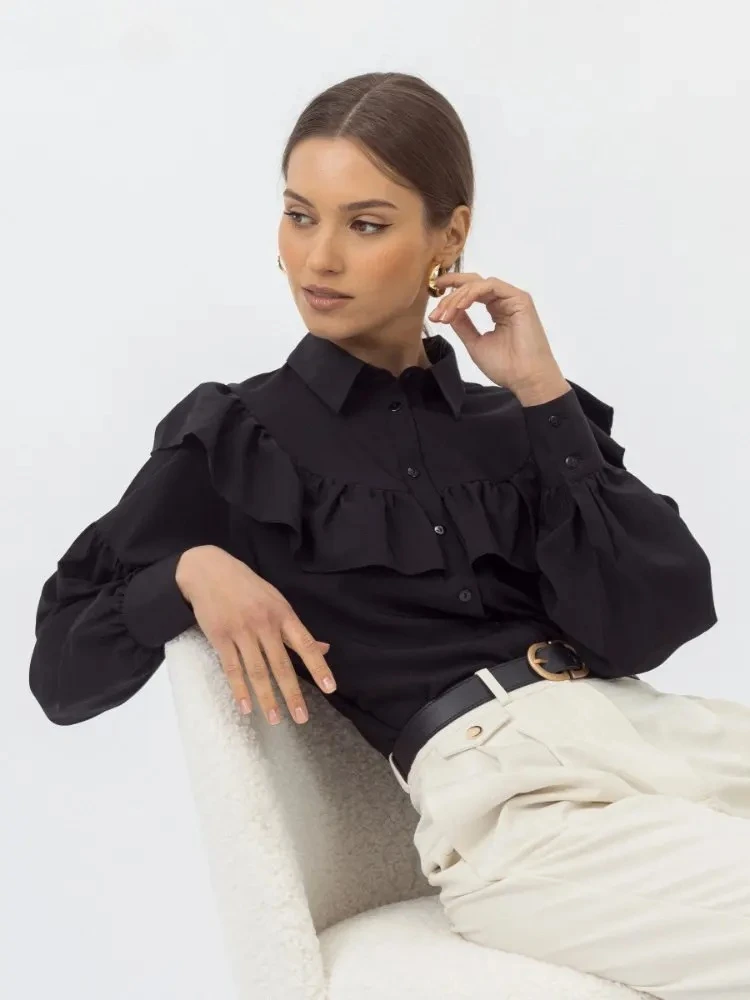 

Wolfeel Big Peter Pan Collar Ruffle Womens Blouse Long Sleeve Solid Cotton Casual Tops Female 2025 Spring Summer Frill Shirt