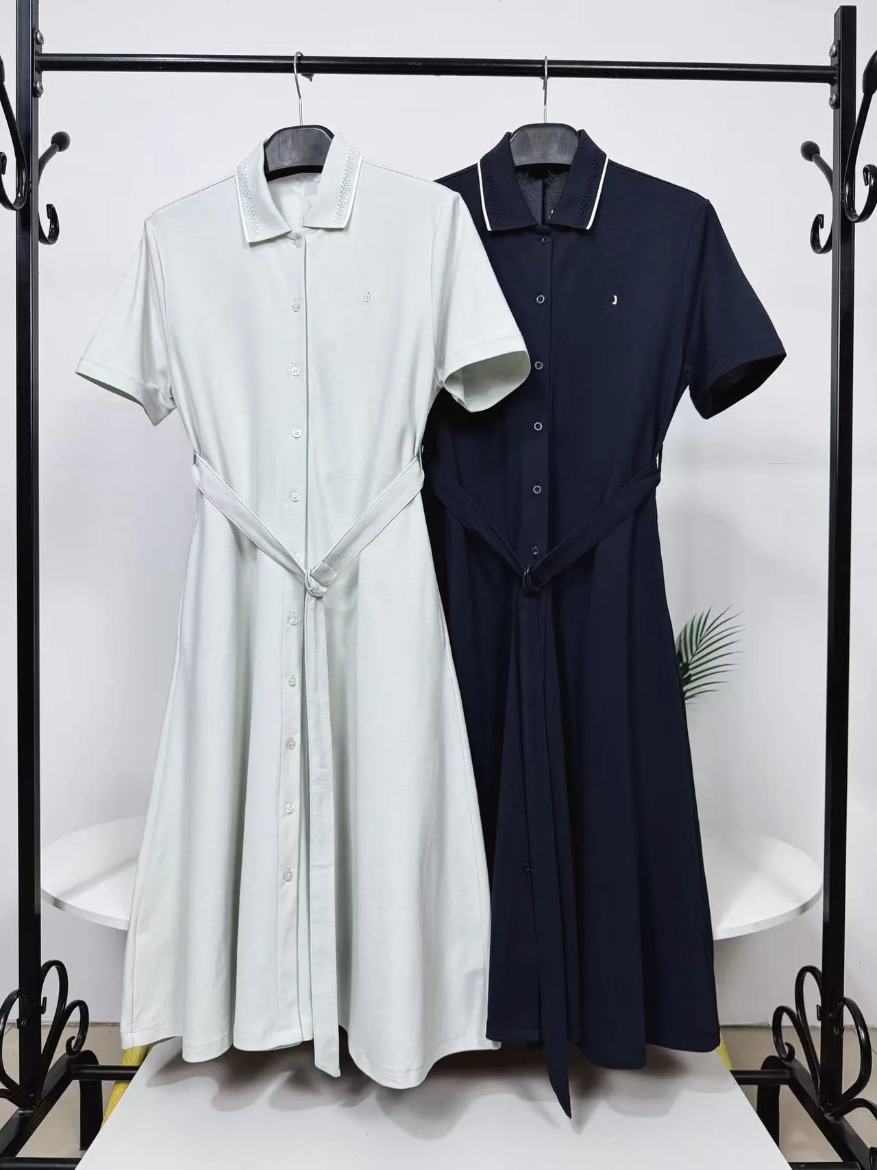 

Slimming A-Line Shirt Dress with Belt Korean Style Short Sleeve Open Cardigan Waist-Cinching Long Skirt for Women Commute