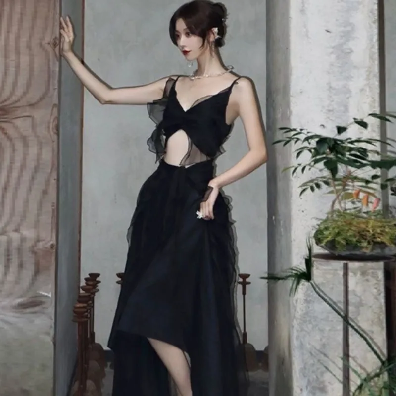 New Chinese style wear black halter vest fairy top half skirt two-piece set