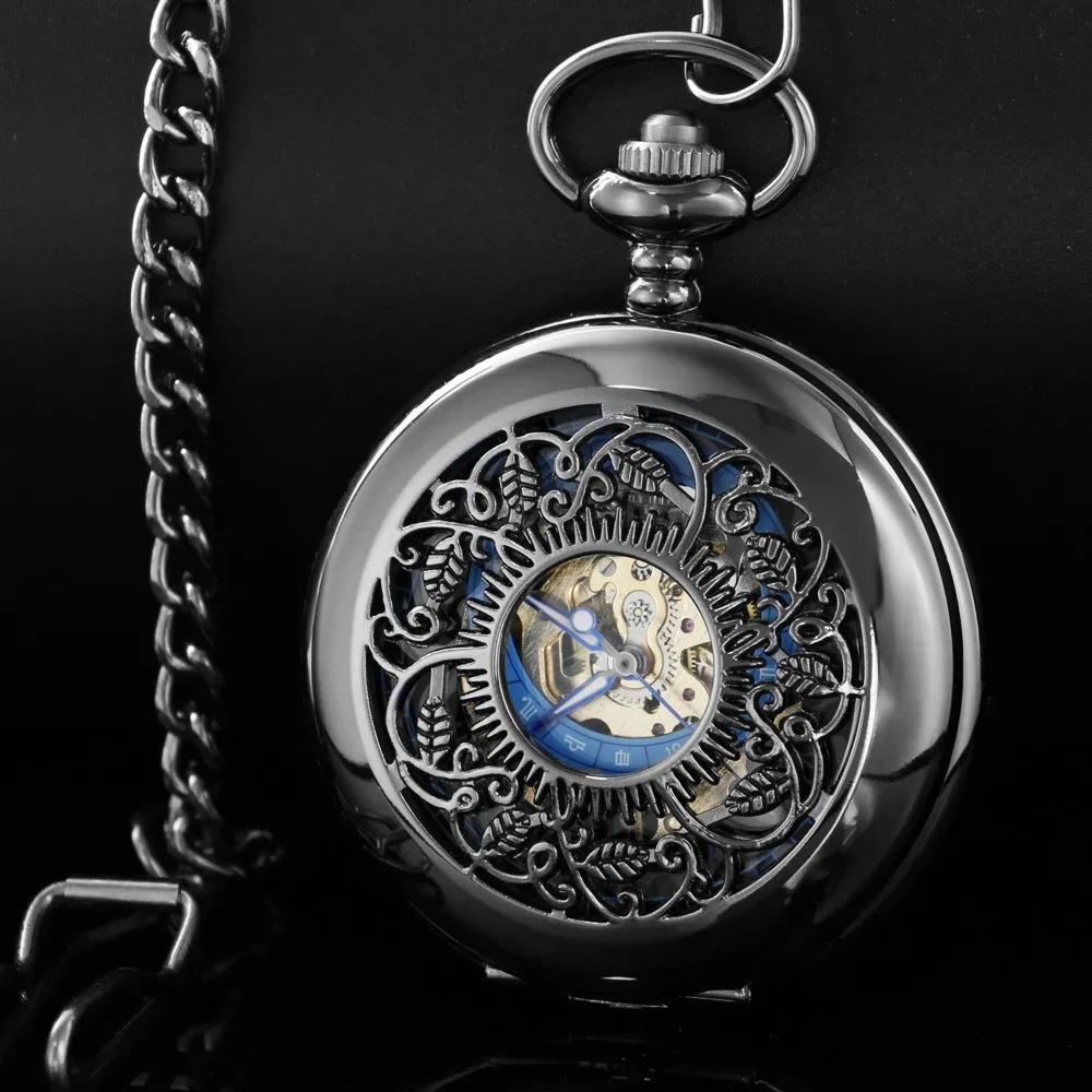 

Black Retro Mechanical Pocket Watch Men Women FOB Hand Wind Double Hunter Roman Numerals Pocket Watches PJX1671