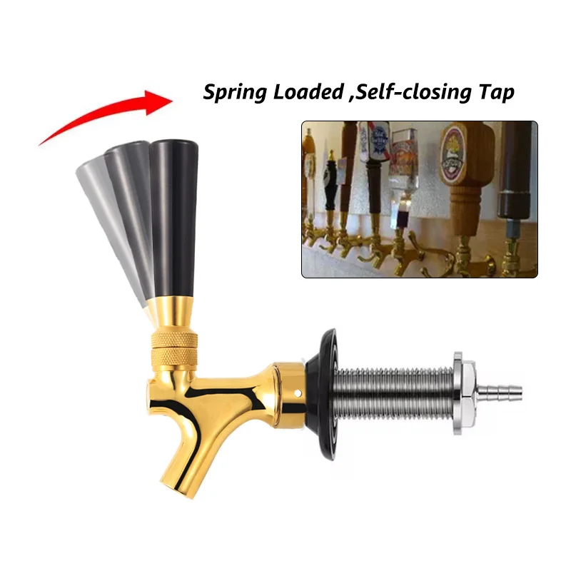 Spring Loaded Self-closing Beer Tap,Golden Beer Faucet with Nipple Shank,Homebrew Keg Tap Dispenser American Style & Wall Monted