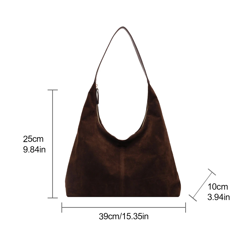 Women Suede Shoulder Bag with Zipper Hobo Bag Large Capacity Handbag Slouchy Bag Commuter Travel Bag image 6