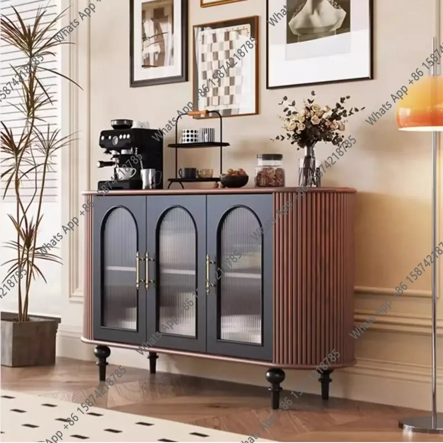 

0 KK American Light Luxury Solid Wood Dining Side Entrance Cabinet Two-color Curved Living Room Tea Storage Cabinet Storage Cabi