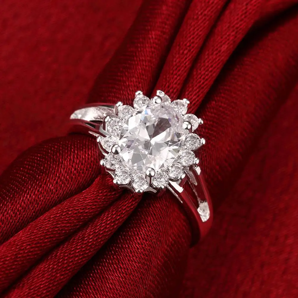 Women's 925 Sterling Silver Crystal Flower Moissanite Ring